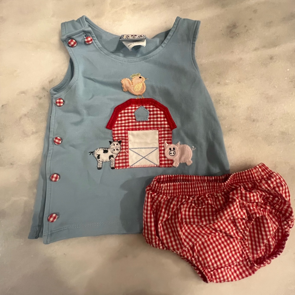 Blue Barnyard Appliqué Kids Matching Set with Red Gingham Bloomers